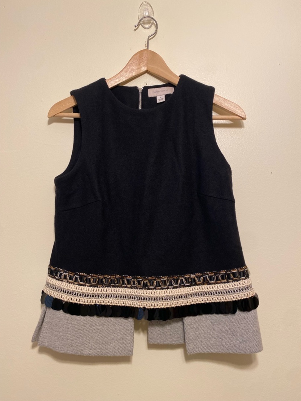Mignon Black Tank Top with Gray Hem and Embellished Trim. Size S